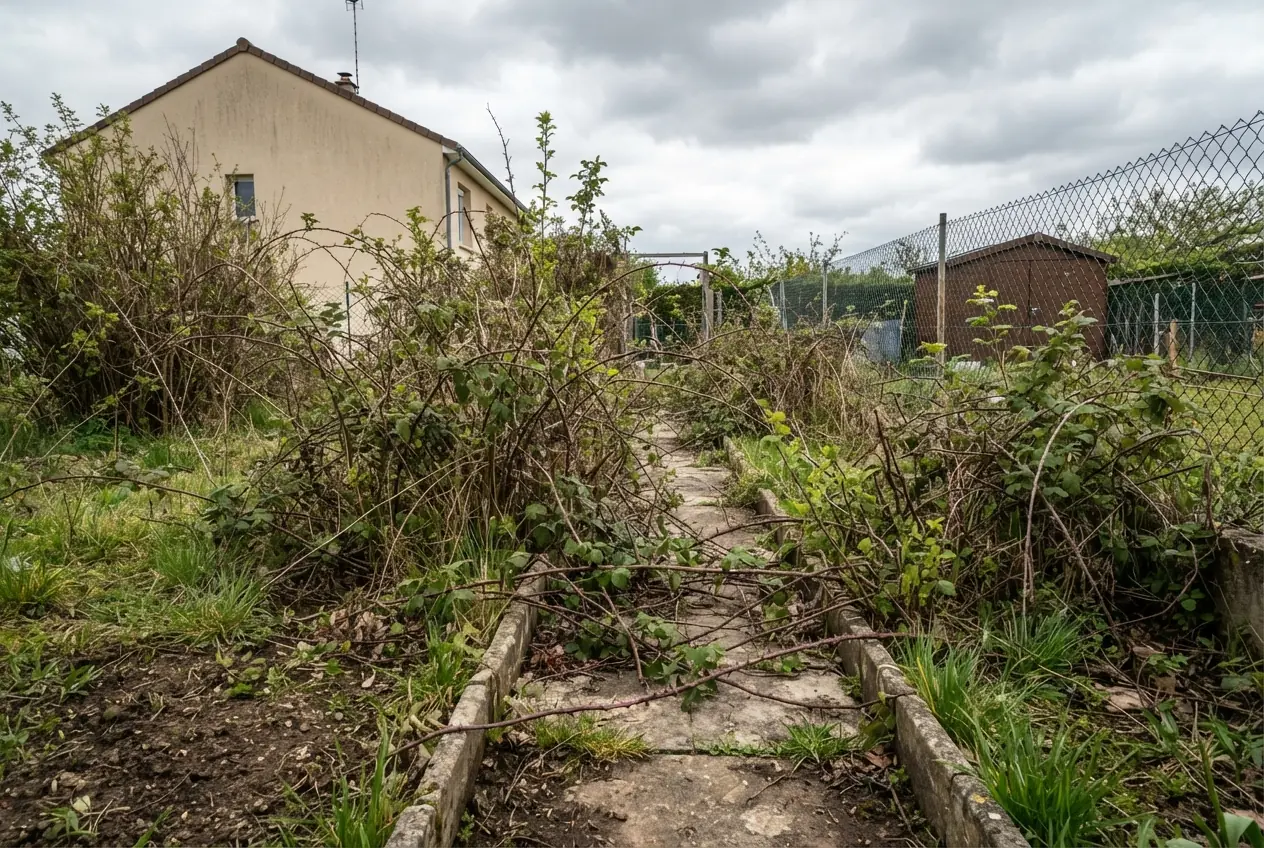 Jardin broussailleux avant nettoyage à Bourges