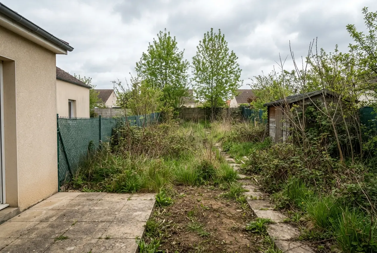 Jardin envahi avant débroussaillage au Subdray