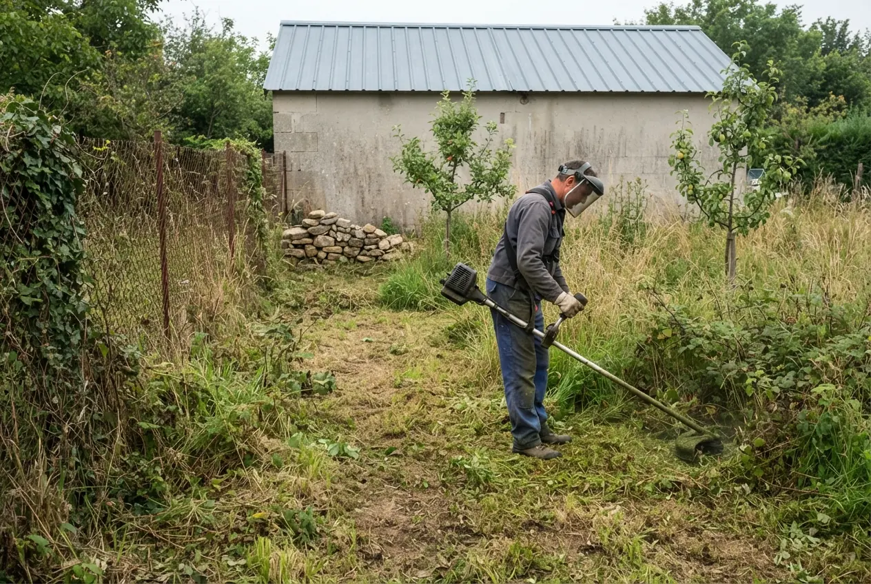 Débroussaillage d'un jardin résidentiel au Subdray
